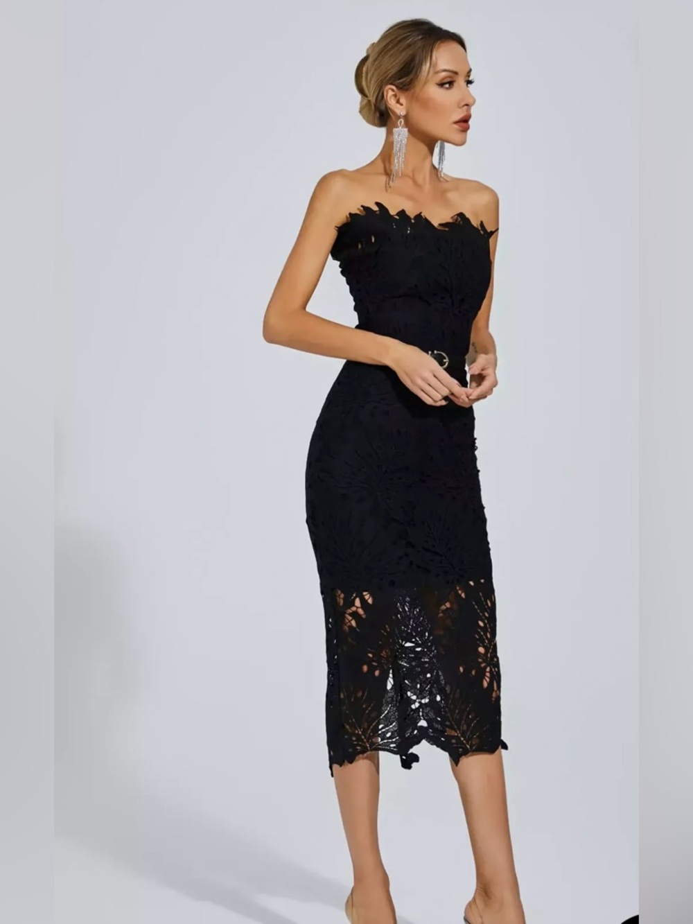 Jazlyn Black Floral Lace Midi Dress with Belt